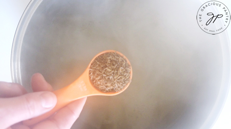 Caraway seed in an orange measuring spoon, about to be added to a stock pot of broth for German cabbage soup.