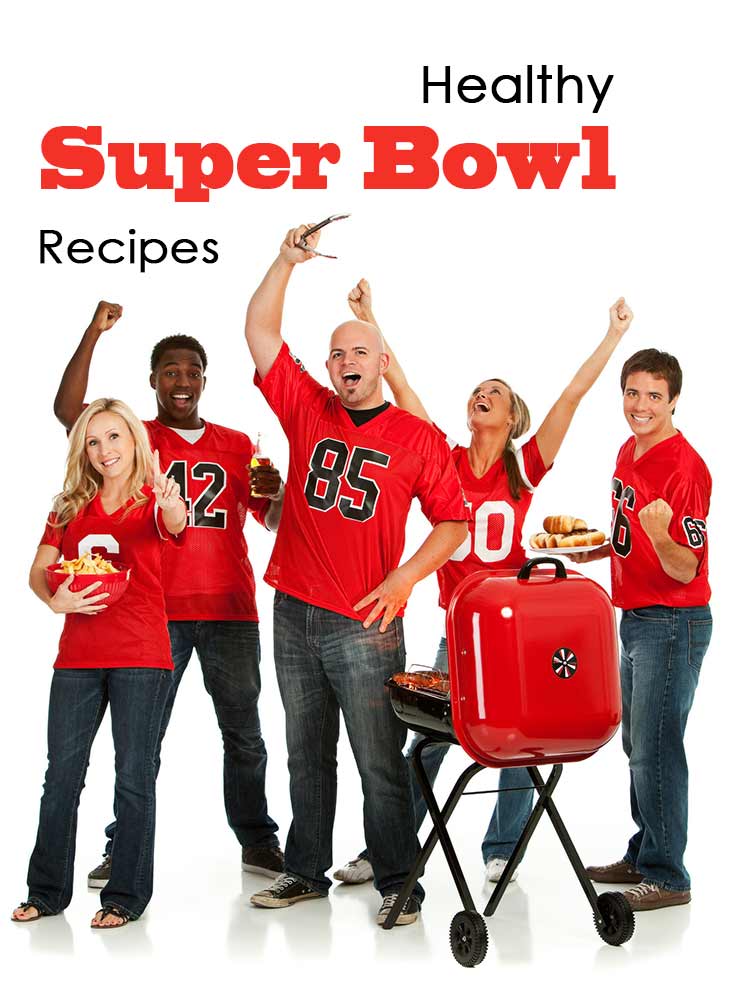 A group of football lovers in red jerseys stand around a red barbecue making Healthy Super Bowl Recipes.