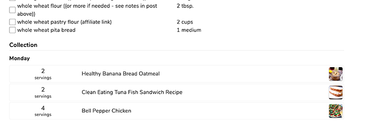 Image showing layout of recipes below shopping list.