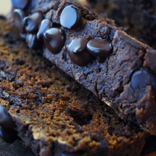A close up of a slice of Chocolate Pumpkin Bread.