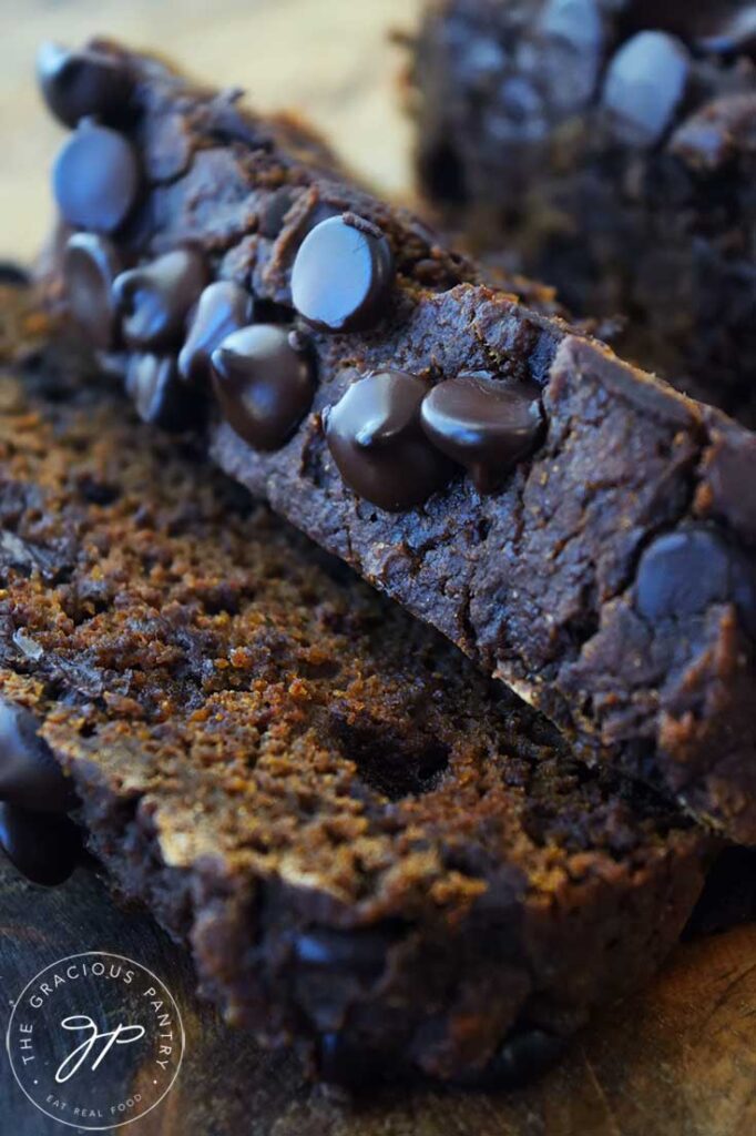 A close up of a slice of Chocolate Pumpkin Bread.