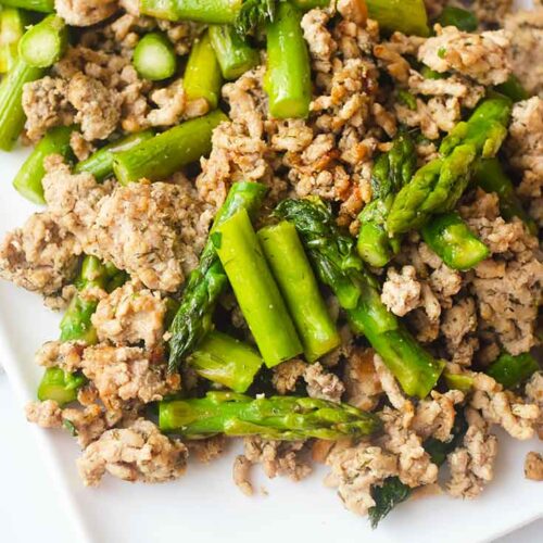 An up close, overhead view of a white platter holding a serving of this Ground Turkey Dinner Skillet Recipe.