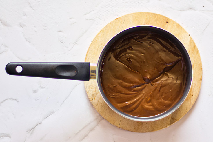 The prepared chocolate sauce sitting in a small pot.