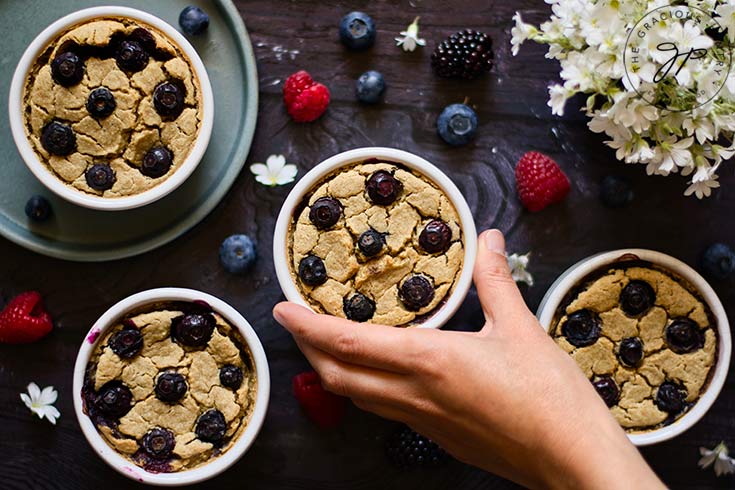 The finished Blended Baked Oatmeal still in white ramekins.