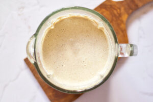 Blended Blended Baked Oatmeal batter in a blender tumbler.