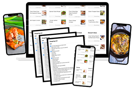 Image of meal plans and recipes on iPhone and a laptop.