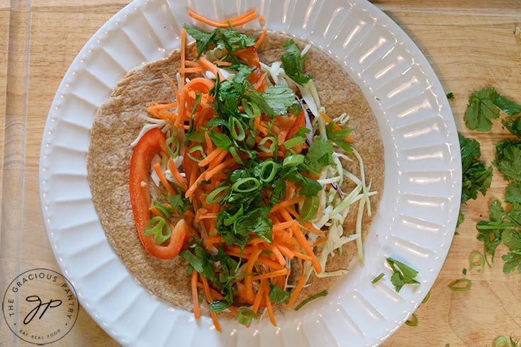 A tortilla topped with fresh, chopped veggies.