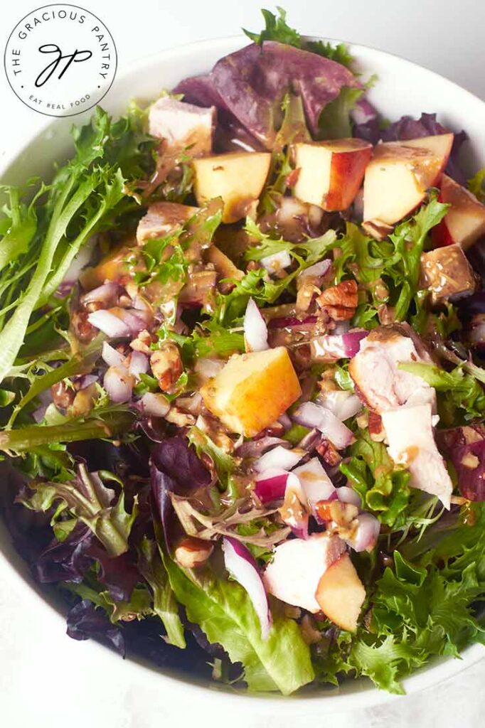 A close up of a Chicken Apple Salad in a white bowl.