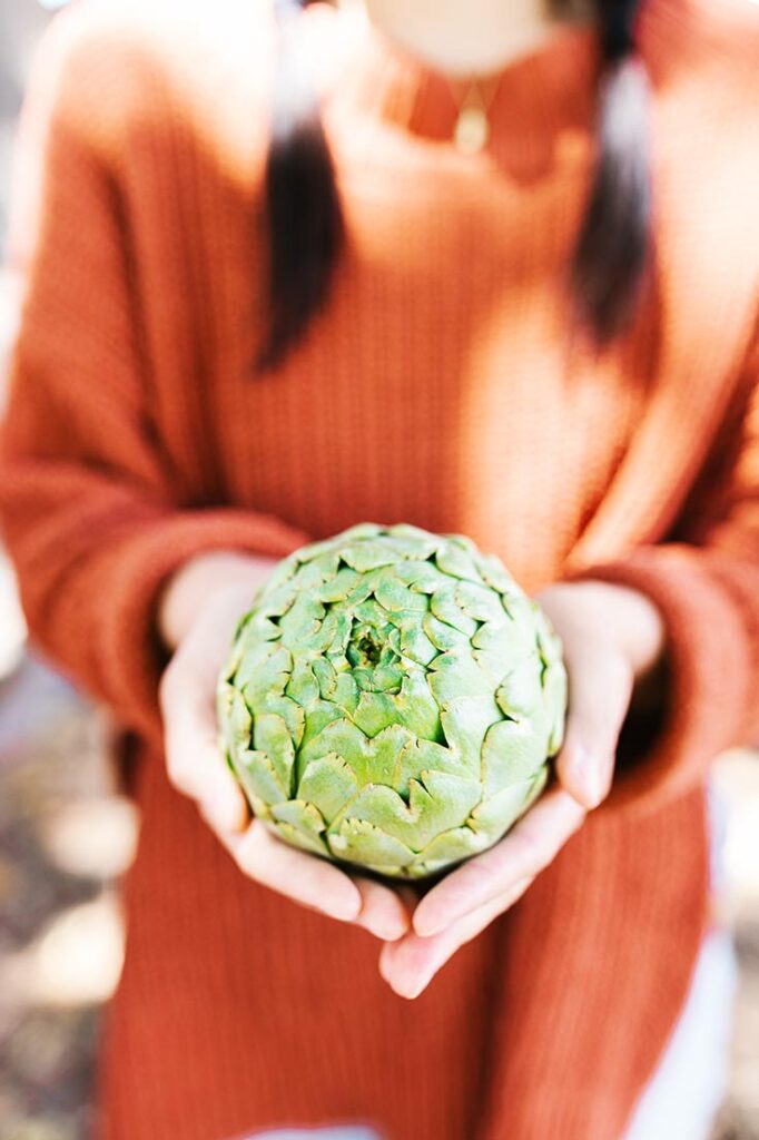Female in an orange sweater holds an artichoke up for the camera.