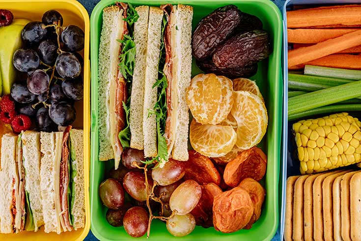 Packed bento box lunchbox containers filled with sandwiches, oranges, dates and cut vegetables.