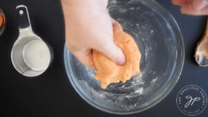 A hand holds a Complete Protein Pasta dough ball.