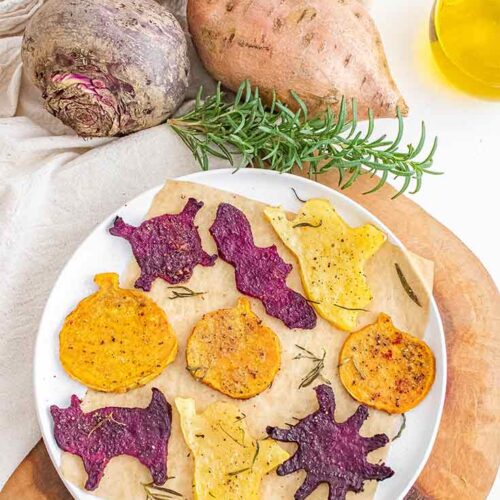 An overhead view looking down on a plate filled with Halloween Roasted Vegetables.