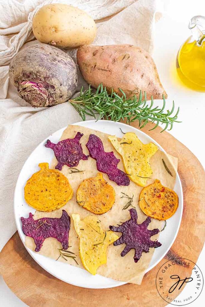 An overhead view looking down on a plate filled with Halloween Roasted Vegetables.