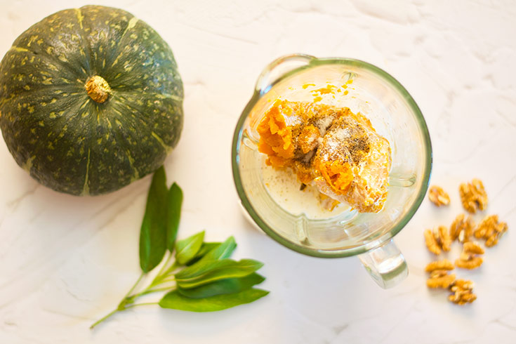 Pumpkin Pasta sauce ingredients sitting in a blender.