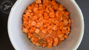 Carrots, sweet potatoes and lentils in a slow cooker.