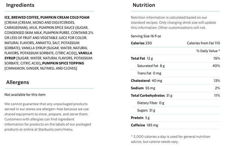 Startbucks pumpkin cream cold brew nutrition data label.