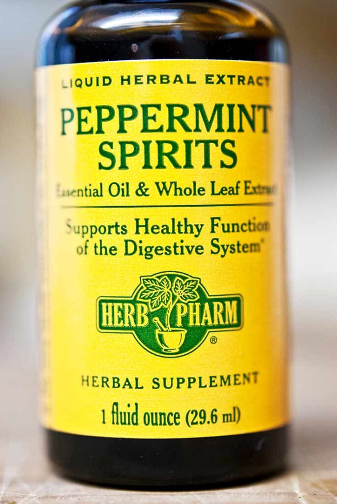 A bottle of Peppermint spirits by Herb Pharm.
