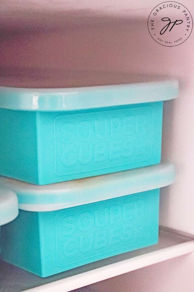 Souper Cube trays stacked in a freezer.