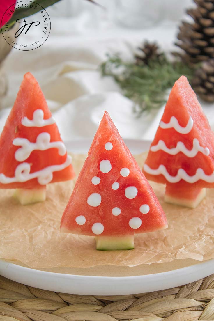 A close up of three Watermelon Christmas Trees.