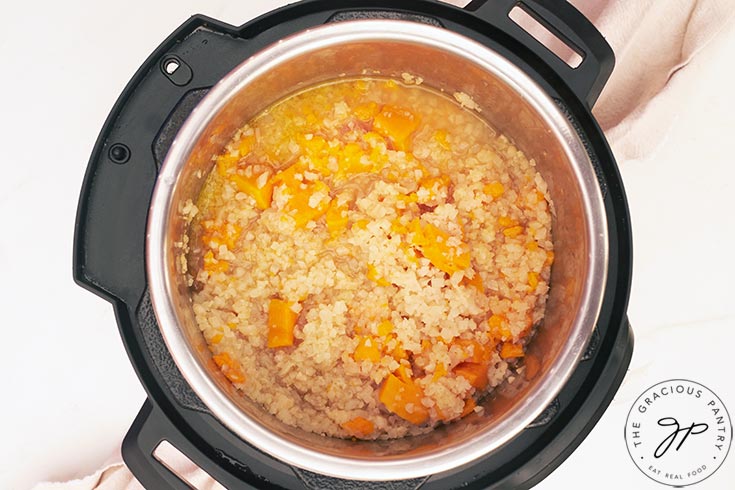 Cooked, riced cauliflower and sweet potatoes in an Instant Pot.