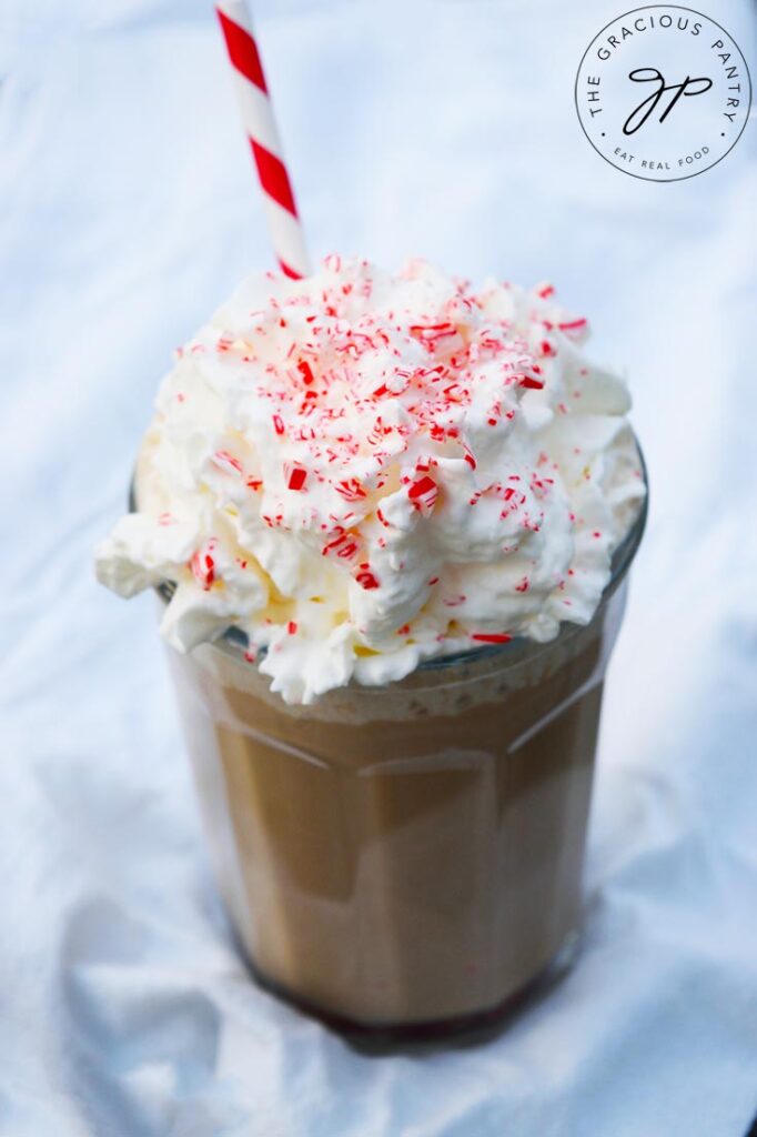 A Homemade Peppermint Mocha sits on a white cloth background.