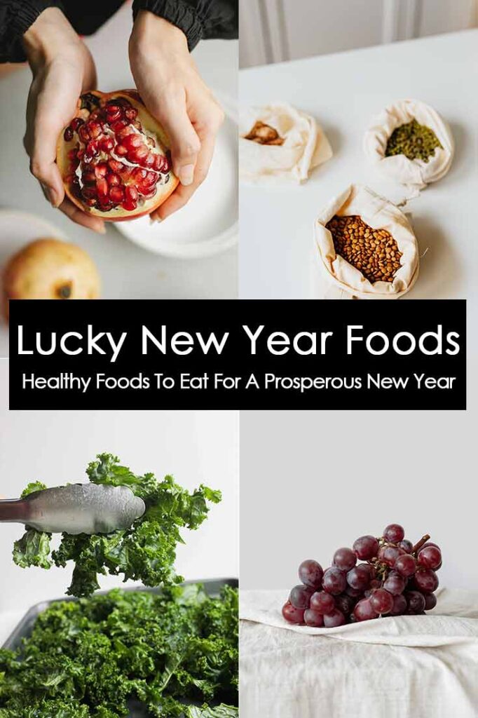 A collage of different New Year's Eve Good Luck Foods.