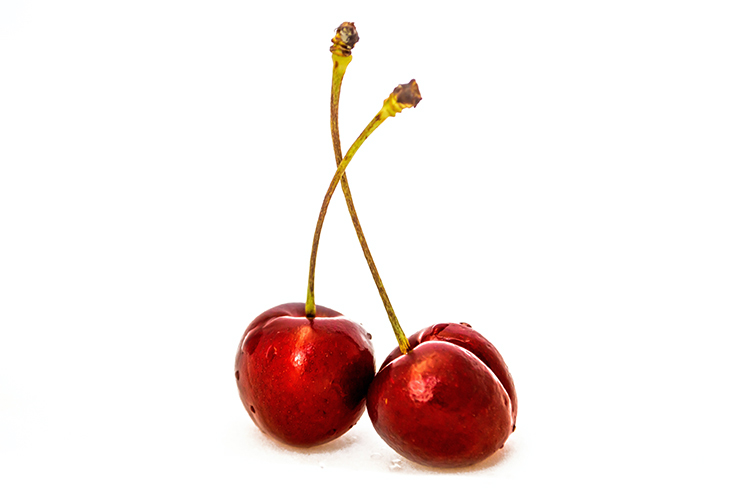 Two cherries against a white background.