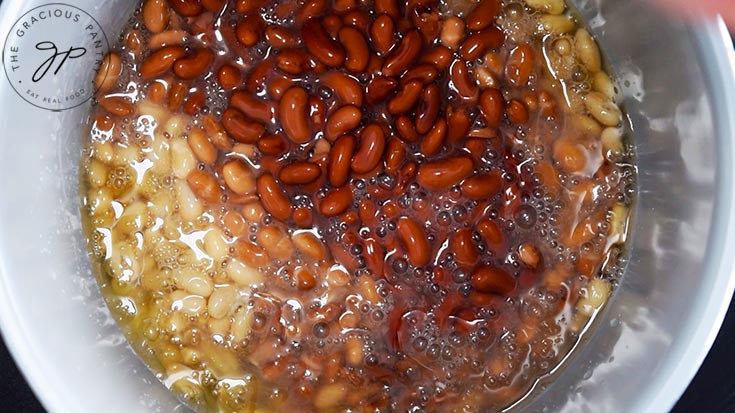 Three different types of beans emptied into a slow cooker crock.