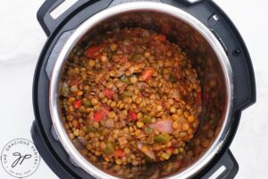 Cooked Lentil Sloppy Joes filling sitting in an Instant Pot.