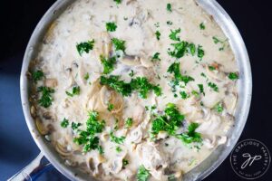 The finished Creamy Garlic Mushroom Chicken Recipe in a skillet.