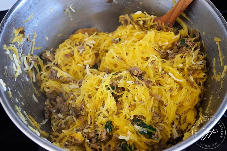 Italian Spaghetti Squash Boats filling mixed together in a mixing bowl.