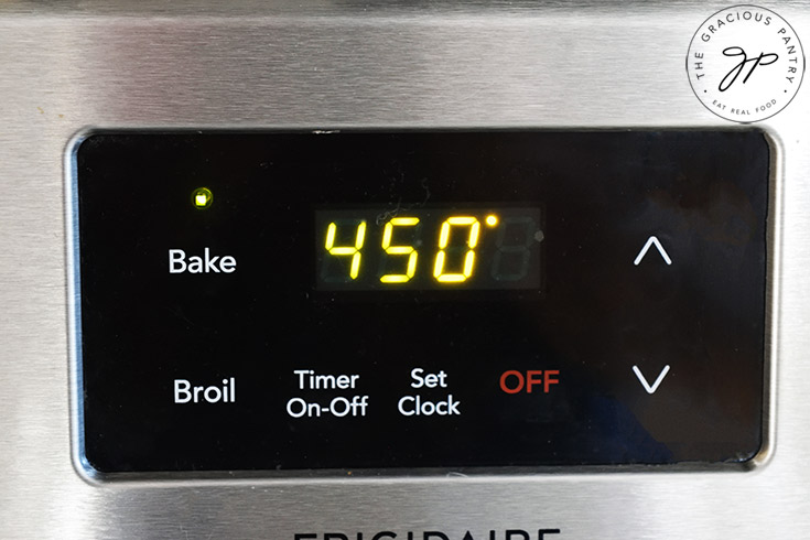 An oven display set to 450 degrees Fahrenheit.