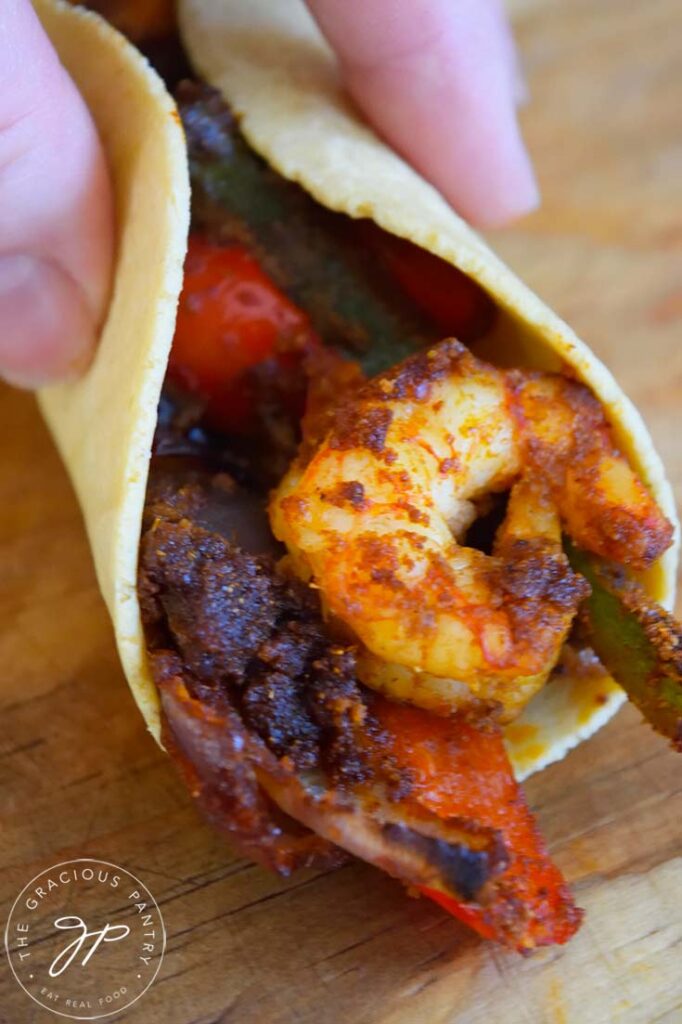 A Sheet Pan Shrimp Fajita from above.