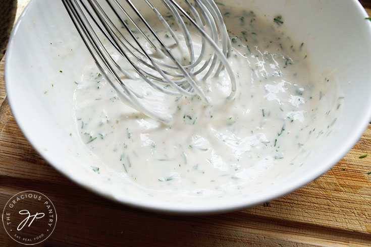 Whisked herb sauce, mixed and ready to use on Air Fryer Cauliflower Steaks.