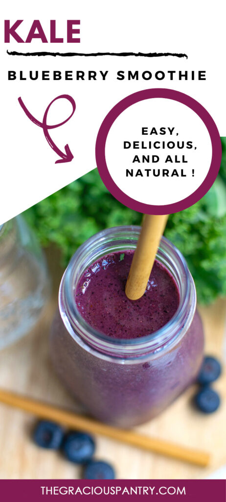Pinterest graphic for this Kale Blueberry Smoothie Recipe. Shows a Kale Blueberry Smoothie in a glass milk jug with a straw.