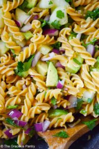 A close up of Avocado Pasta Salad.