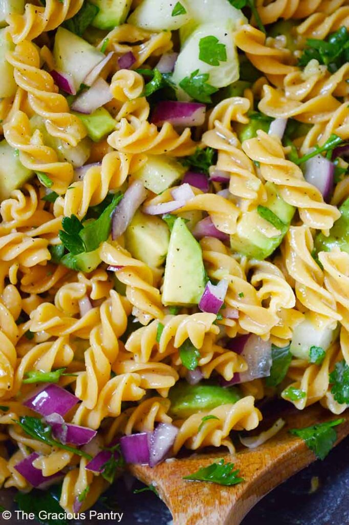 A close up of Avocado Pasta Salad.