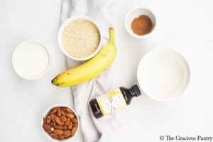 All the ingredients for this Breakfast Quinoa Recipe on a white table.