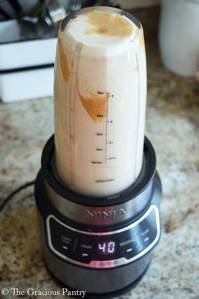 A blender blending the yogurt for this Chocolate Peanut Butter Frozen Yogurt Bark Recipe.