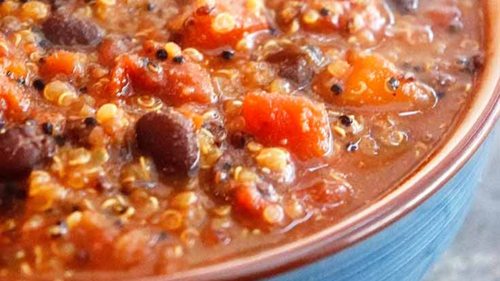 A closeup of a bowl of quinoa chili.