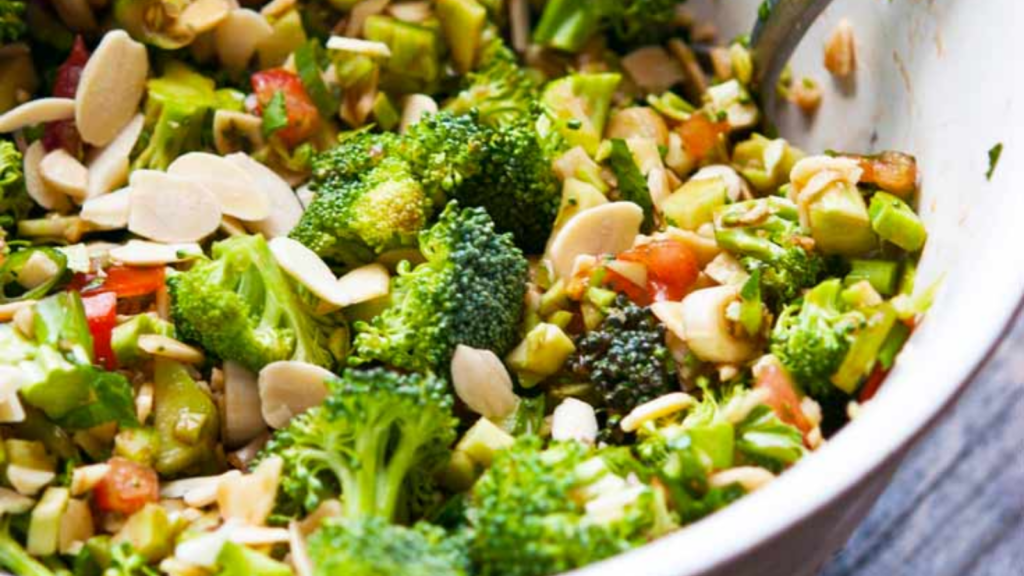 An up close view of fresh broccoli salad.