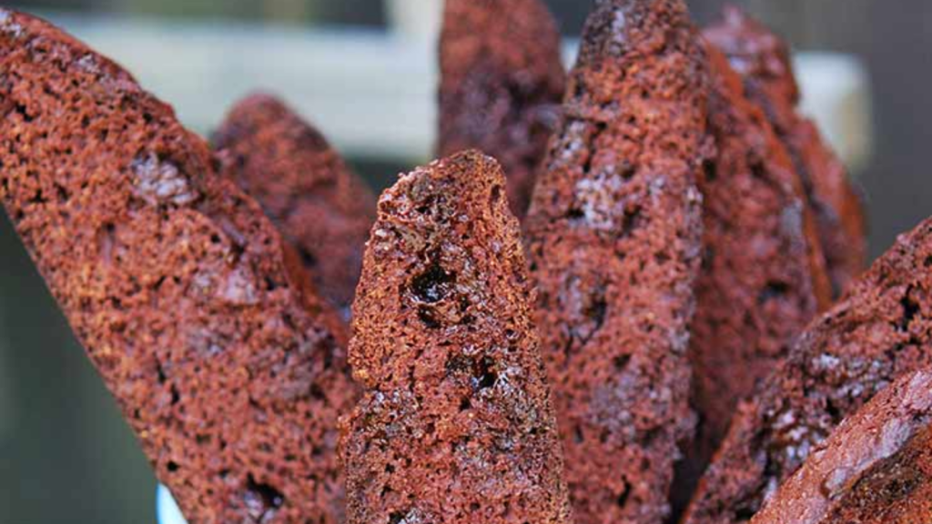 An up close shot of chocolate biscotti.