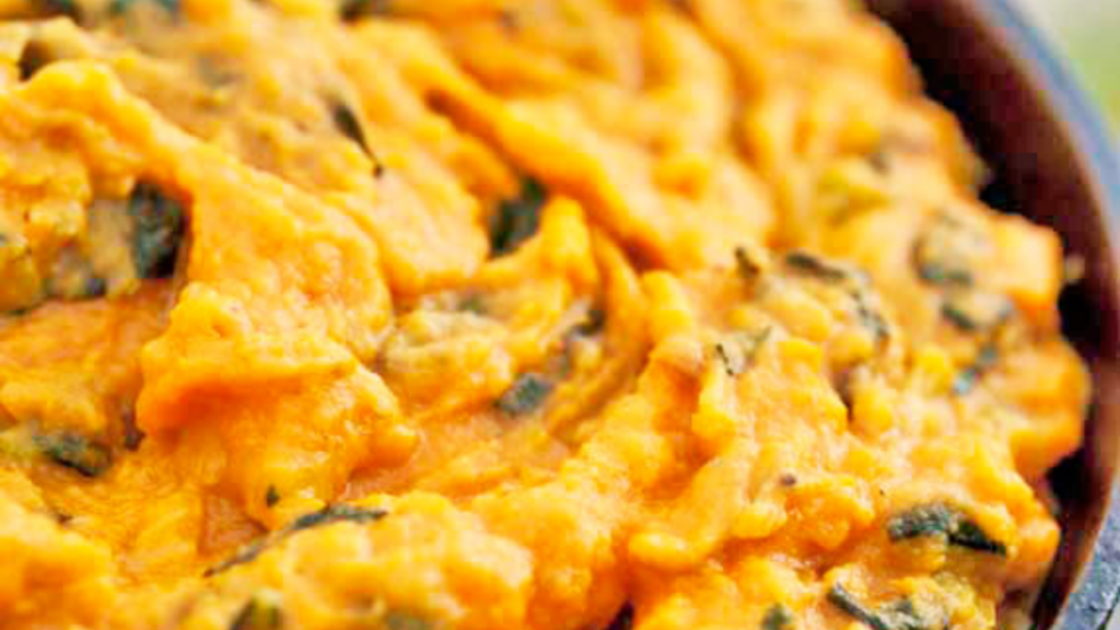 A closeup of sweet potato Irish colcannon.