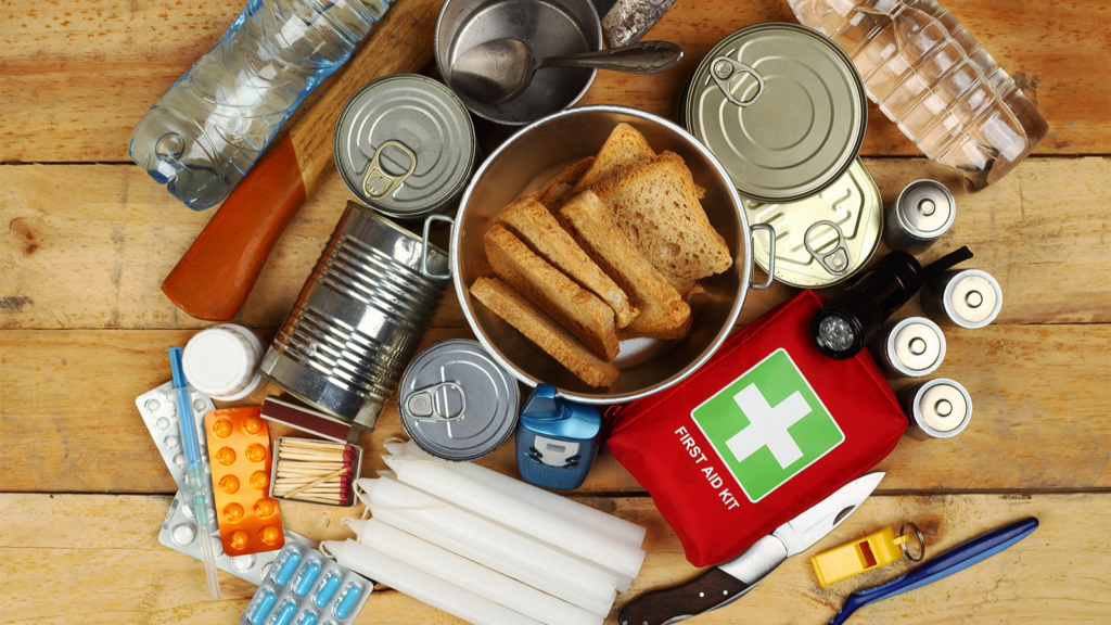 A food emergency kit on a wood background.