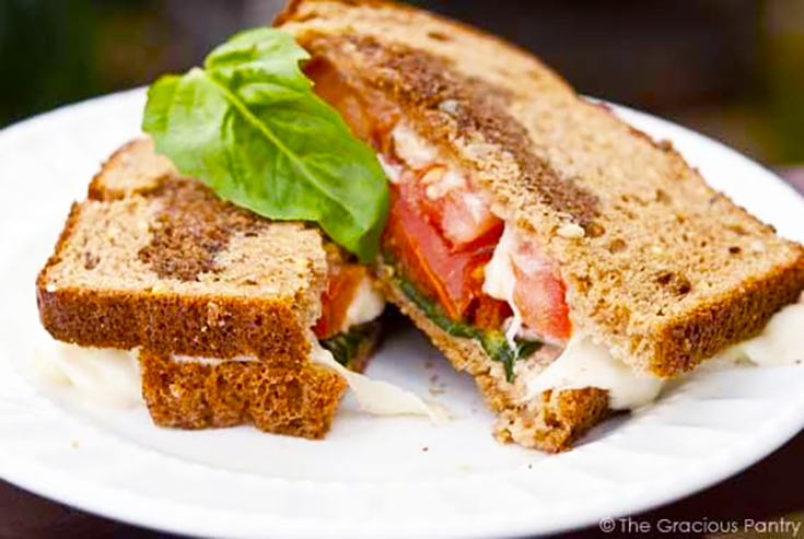 A grownup grilled cheese sandwich on a white plate.