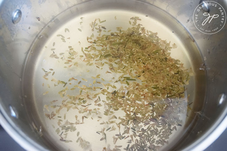 Steeped lavender water in a pot.