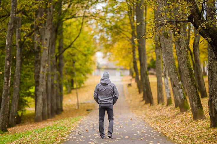 A man walking down a tree-lined drive.
