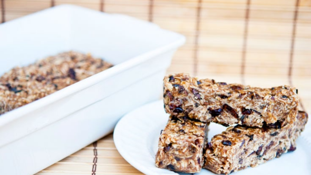 No bake granola bars on a plate.