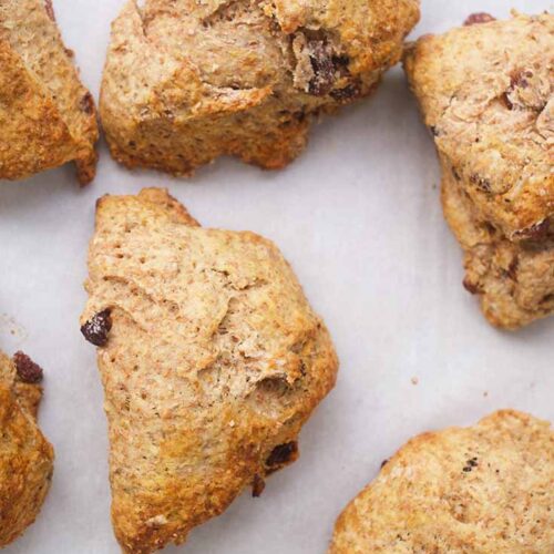 An overhead view of Raisin Scones on a parchment-lined baking pan.