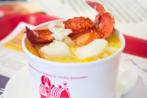 A closeup of a cup of seafood stew from the Red Barn.